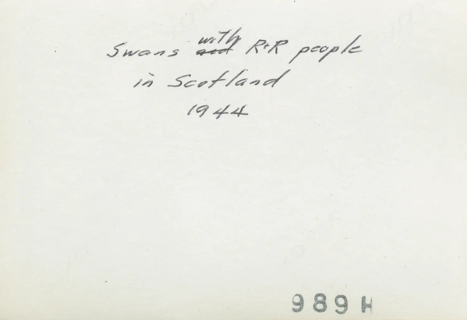 Verso Caption Card: "Swans with R&R People in Scotland, 1944"