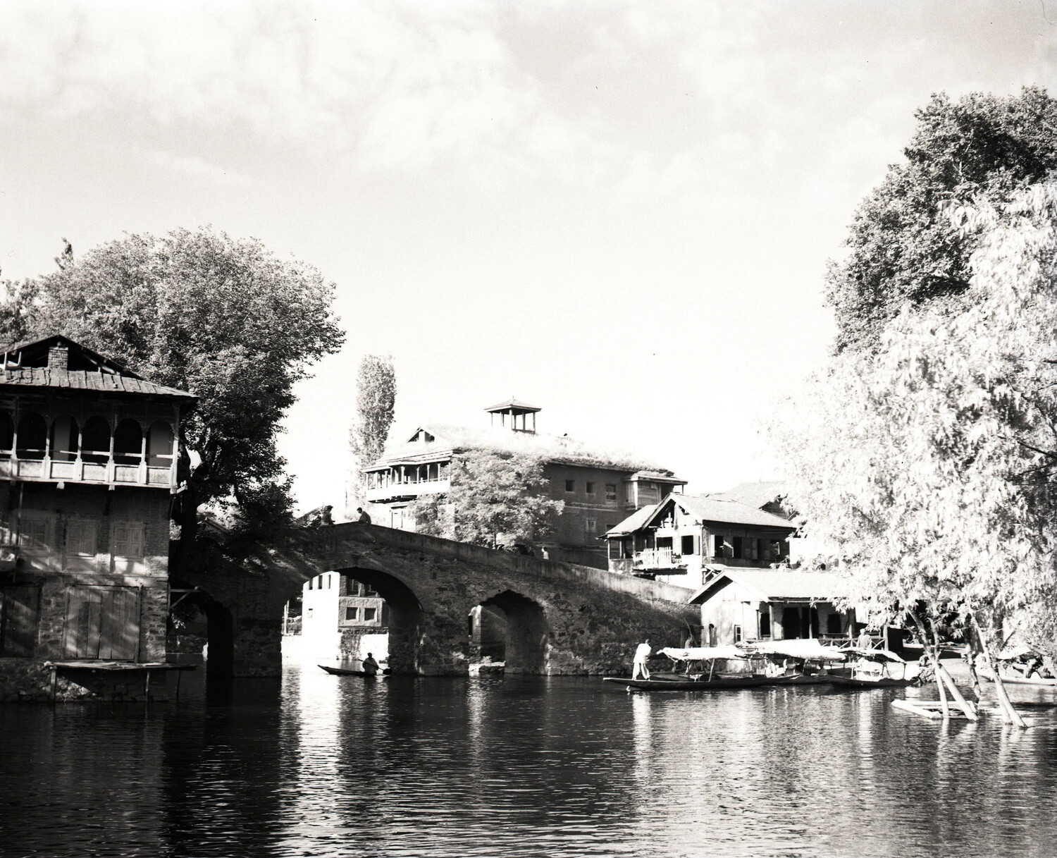 Canal Scene with Stone Bridge and Traditional Houses, Srinagar, Kashmir, 1944-45