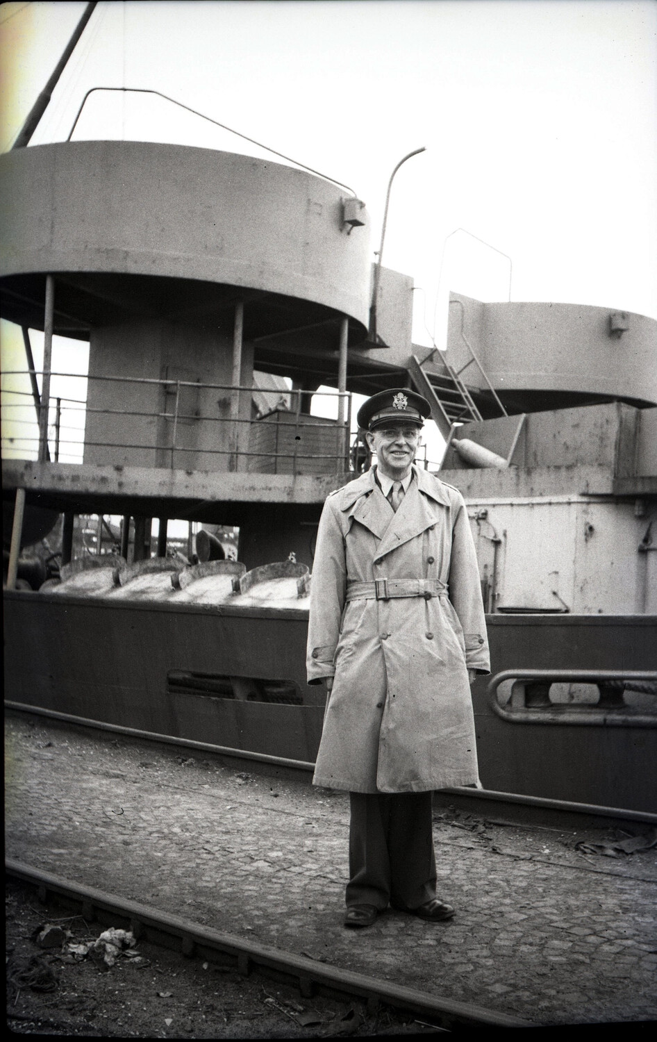 U.S. Officer Posing Before a German U-boat Conning Tower at Bremerhaven, Post-WWII