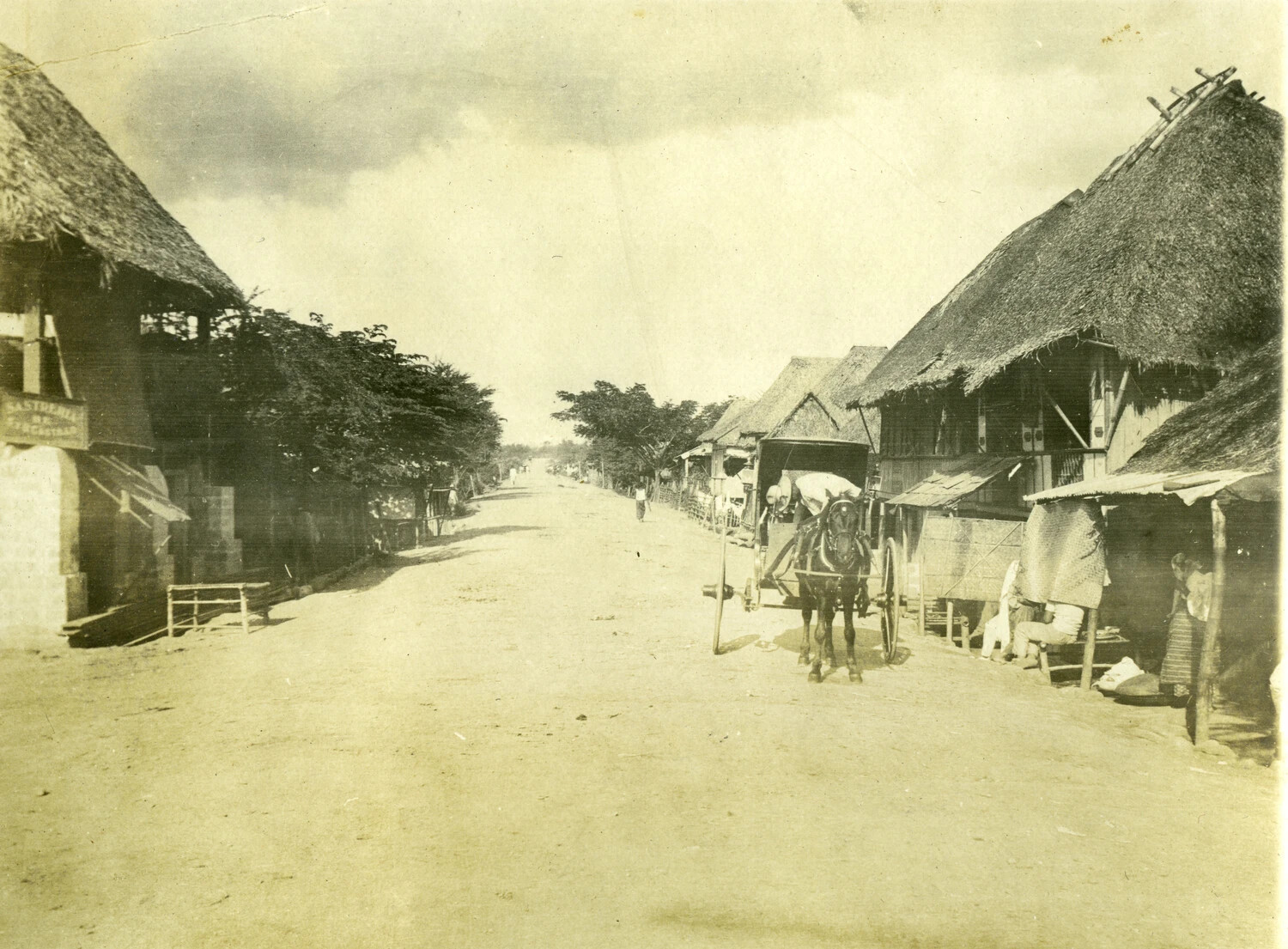 Village Street Scene with Horse Cart and Thatched Houses, Philippines, Early 1900s (Stone Album)