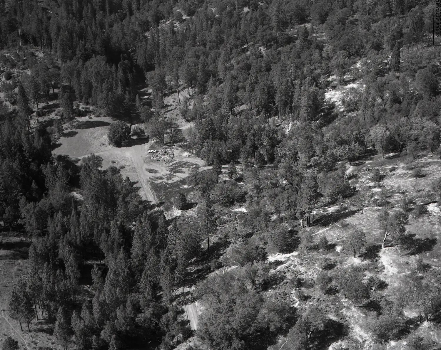 Aerial View of Forested Mountainside with Fire-Scarred Terrain and Debris Clearing