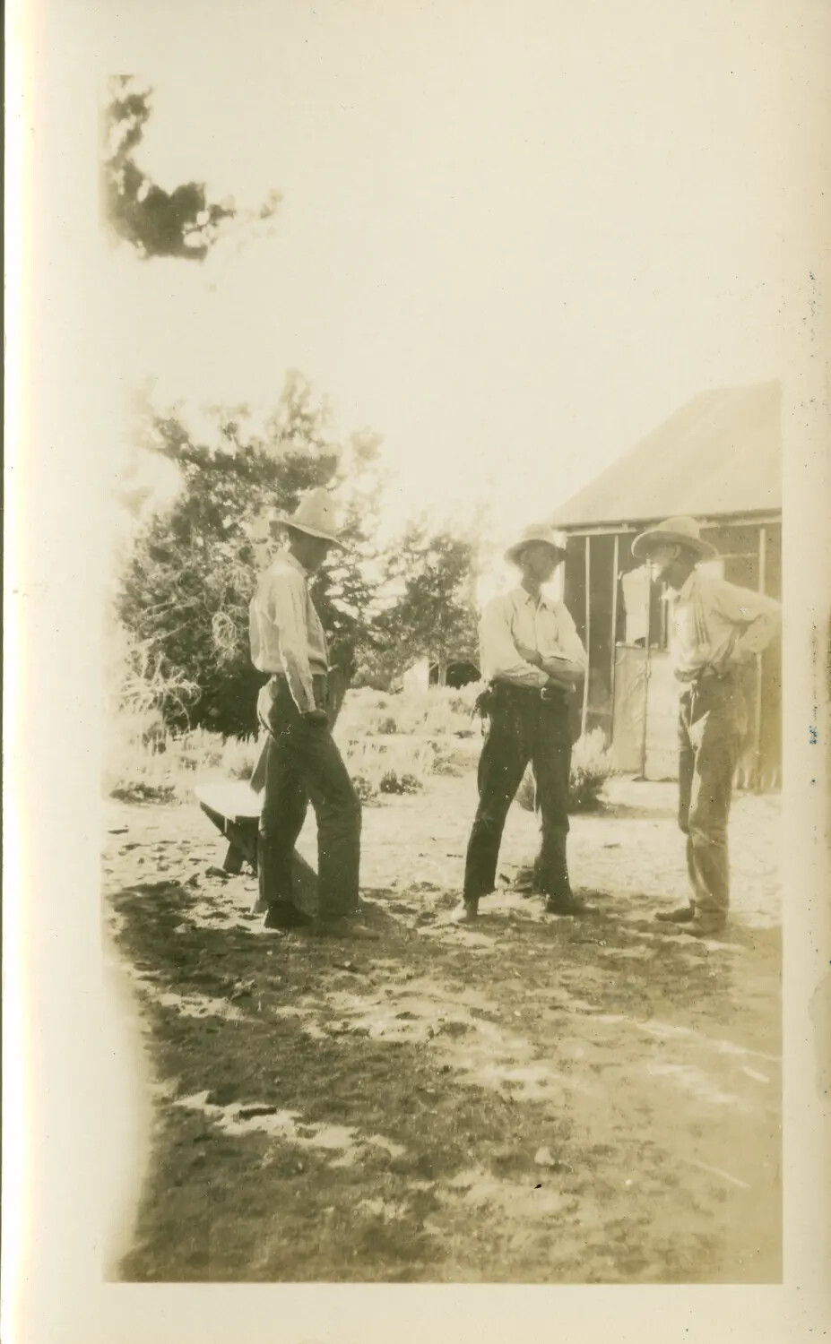 Three Men in Western Ranch Attire Outside a Barn, Vintage Photograph
