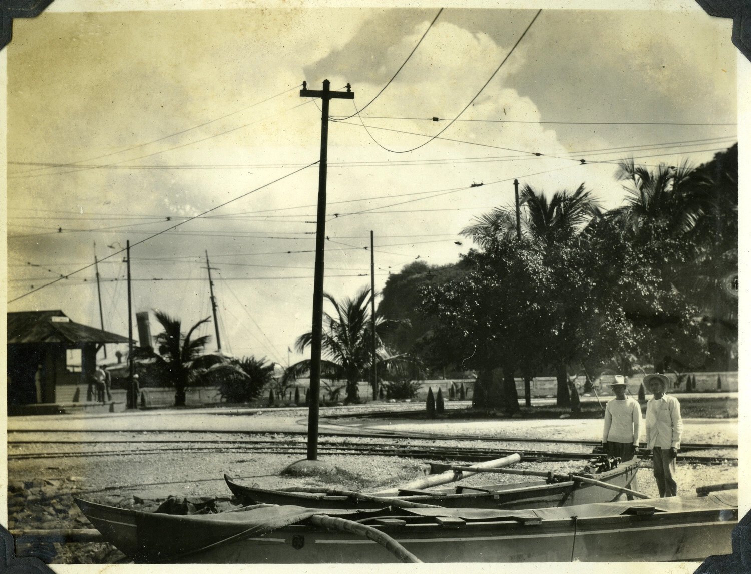 Waterfront Scene with Outrigger Boat and Tramway, Philippines, c. 1920s-1930s