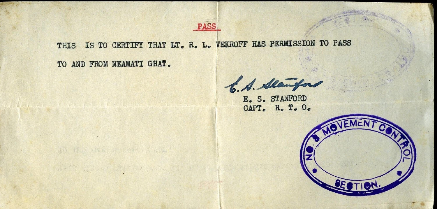 Military Travel Pass – Lt. R. L. Vekroff, Neamati Ghat, No. 3 Movement Control Section (CBI Theater)