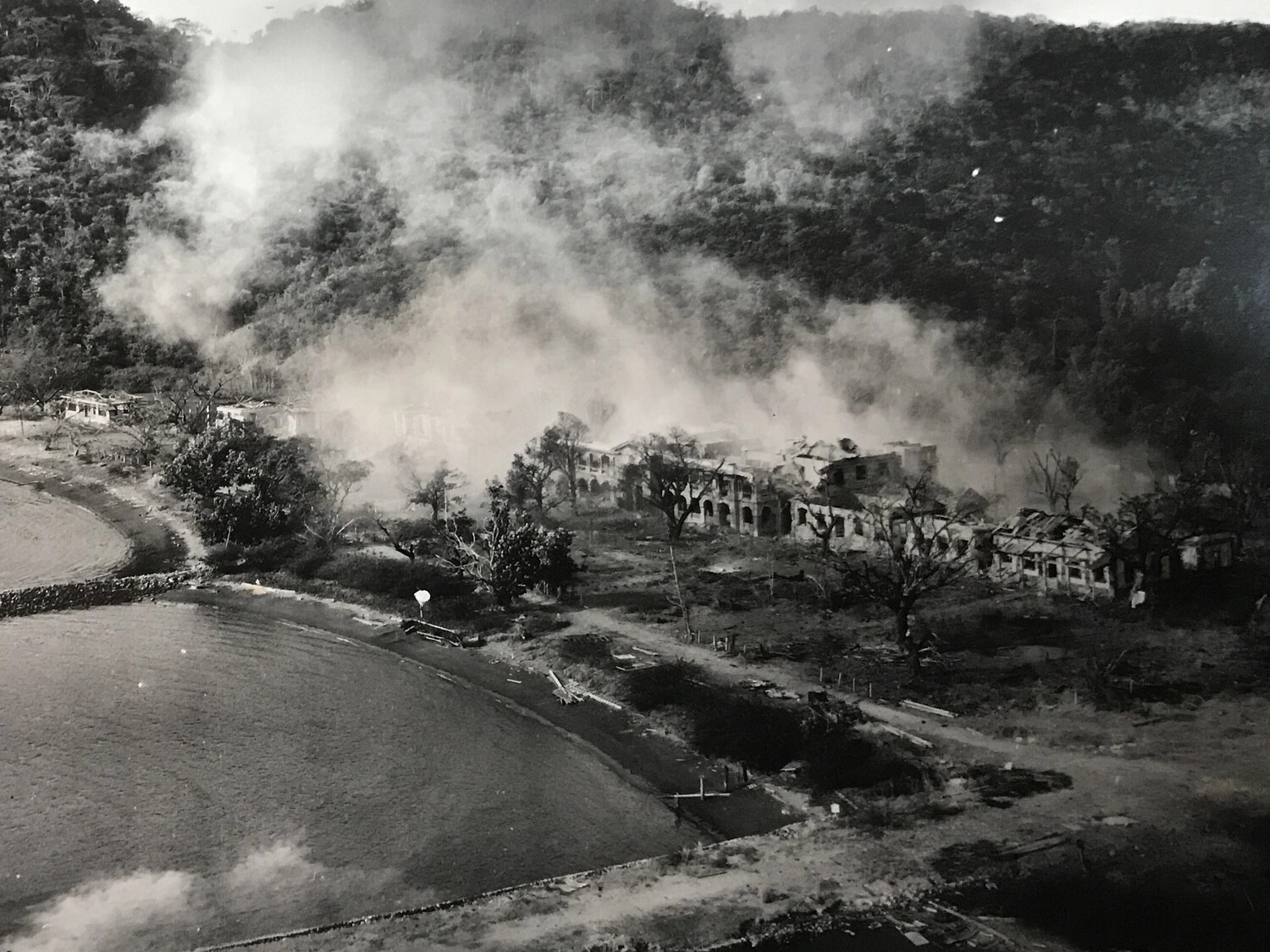 Aerial Strike Photograph: Bombed Coastal Building Complex, 312th Bomb Group, WWII Pacific Theater