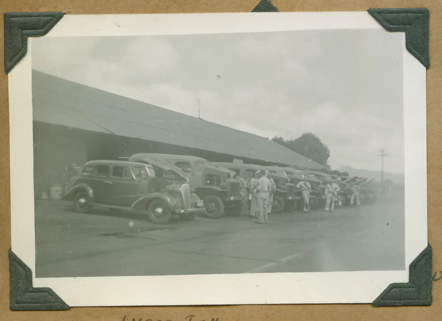 Motor Pool with Sedan and Military Trucks, Schofield Barracks, Oahu, Hawaii, World War II Era