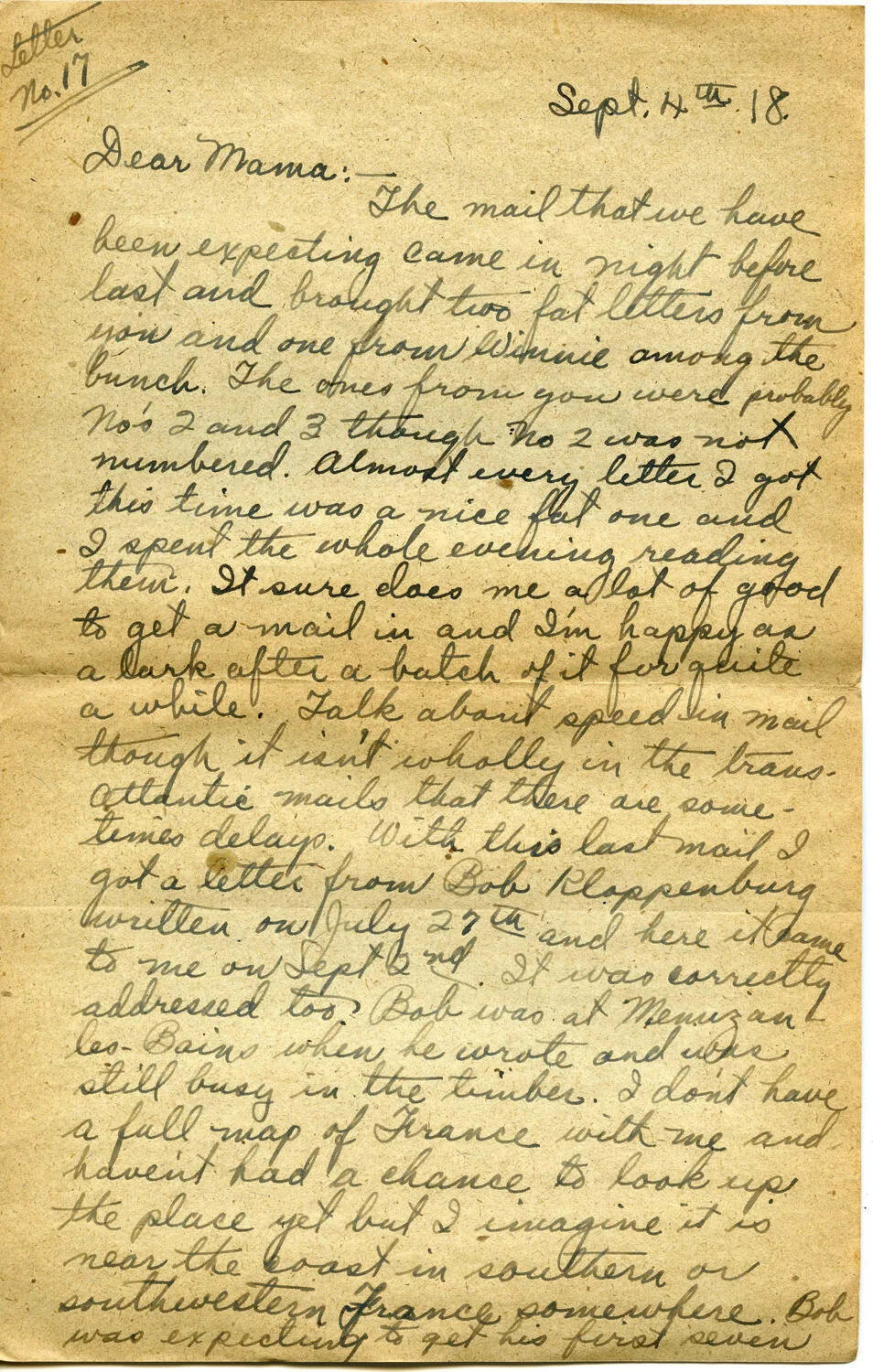 Handwritten WWI Correspondence: Letter No. 17 (Page B), September 4, 1918