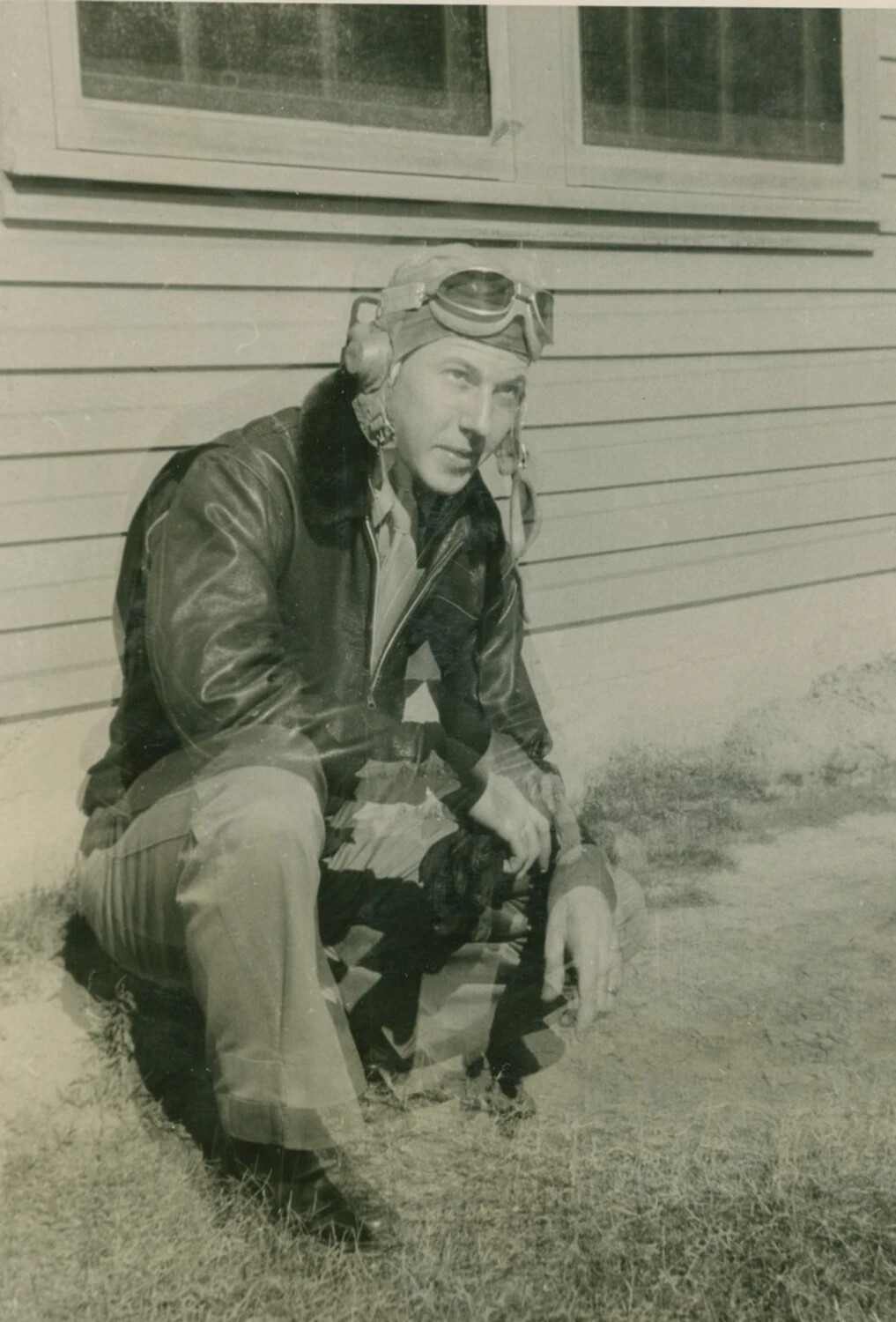 Portrait of Young Aviator in Flight Gear, WWII-Era Training Photo (Double Exposure)