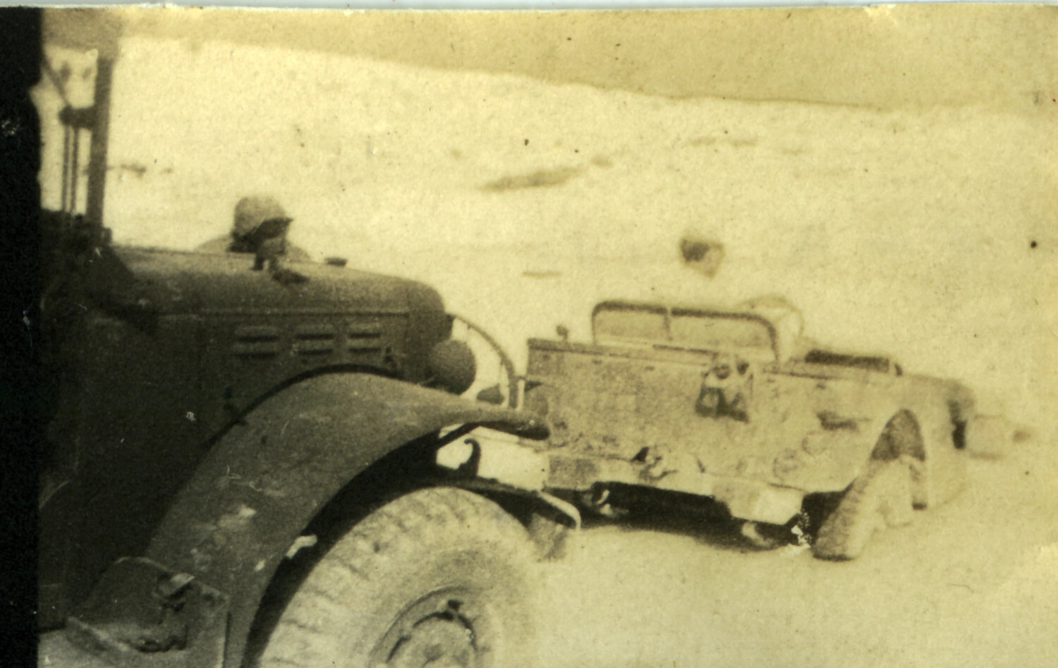 U.S. Military Truck and Jeep on a Beach, Pacific Theater, WWII Era