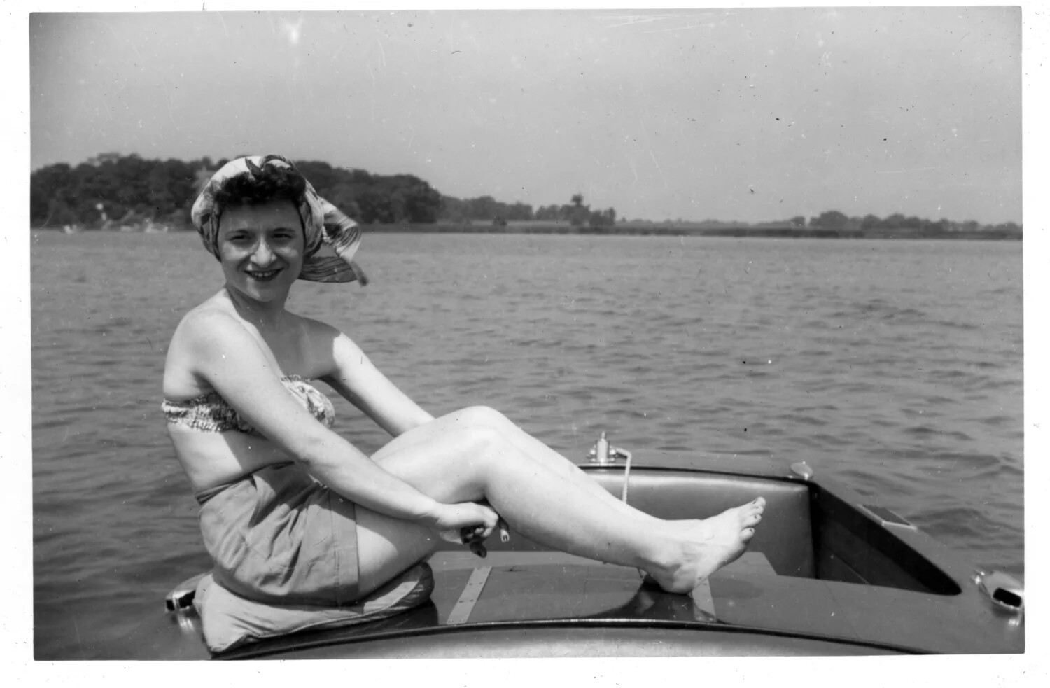 Woman in Swimsuit on Motorboat Deck, Lake Scene, Personal Snapshot (Bancroft Collection)