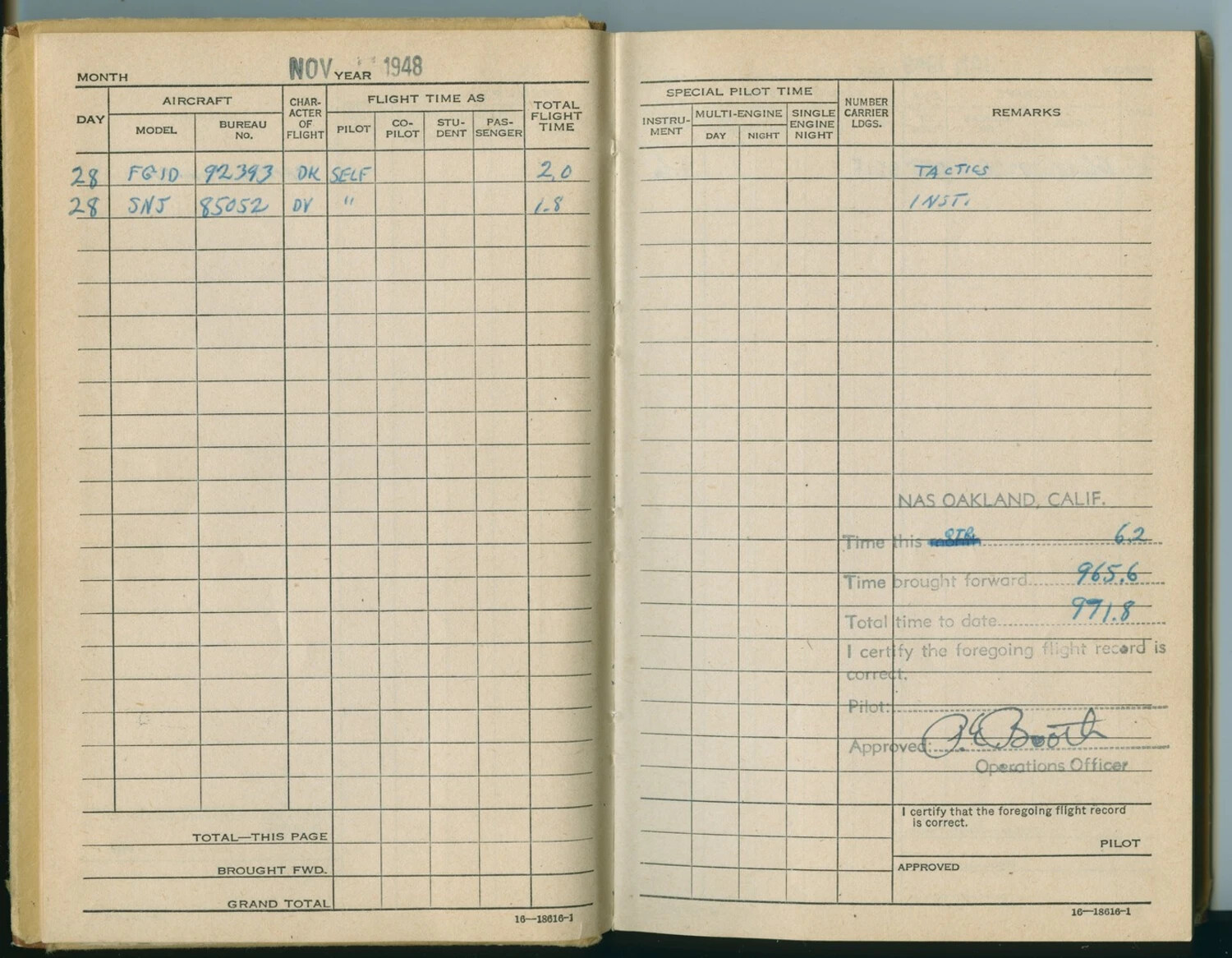 U.S. Navy Pilot's Flight Log Book, November 1948 — FG-1D Corsair and SNJ Trainer Entries (McAleer Collection)