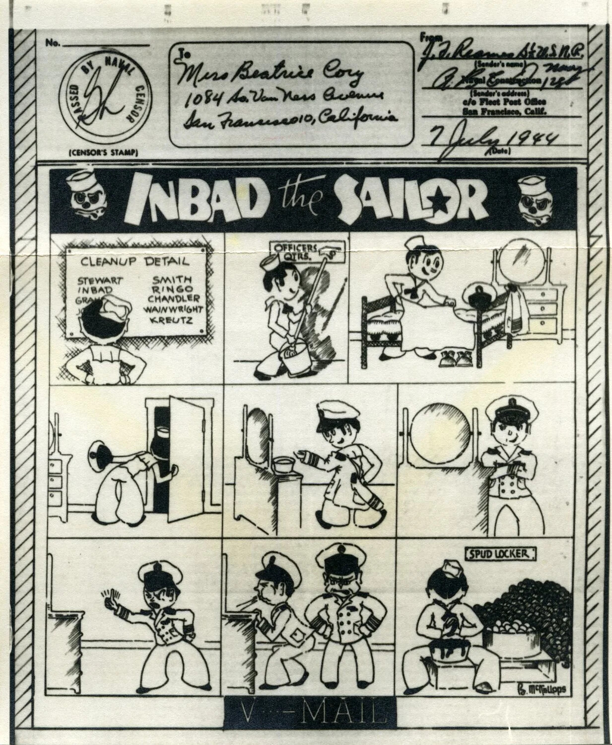 V-Mail Comic Strip: 'Inbad the Sailor' - Cleanup Detail and Spud Locker Duty, 7 July 1944