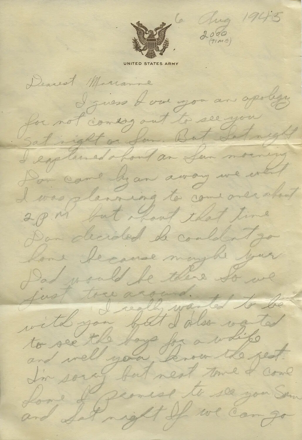Handwritten U.S. Army Letter to 'Dearest Marianne,' Dated 6 August 1945 (Moon/Sammiet Collection)