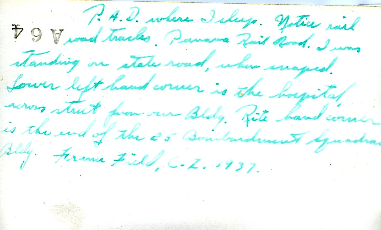 Reverse Side with Handwritten Caption -- Panama Air Depot & Hospital Buildings, France Field, Canal Zone, 1937 (Rudy F. Majewsky Collection)
