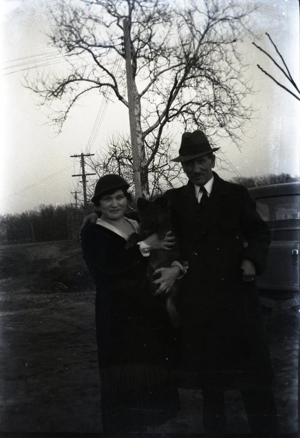 Outdoor Portrait of Couple with Dog and Vintage Automobile, Late 1920s to Early 1930s
