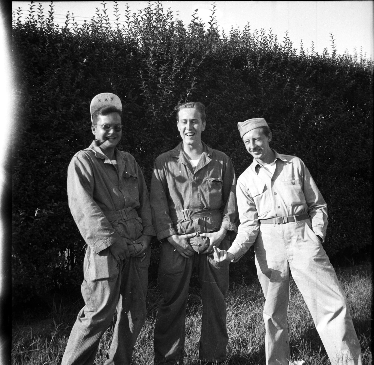 Three Servicemen in Coveralls and Work Uniforms, Informal Group Snapshot (Military Band Negative Collection)