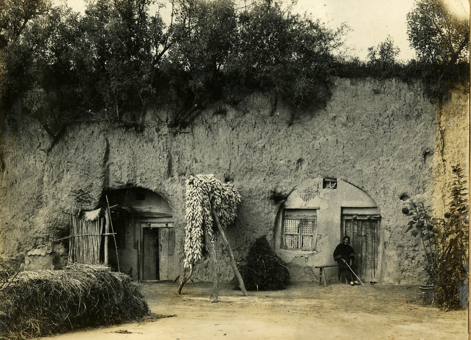 Rural Farmstead with Loess Dwelling and Drying Corn, China, WWII Era