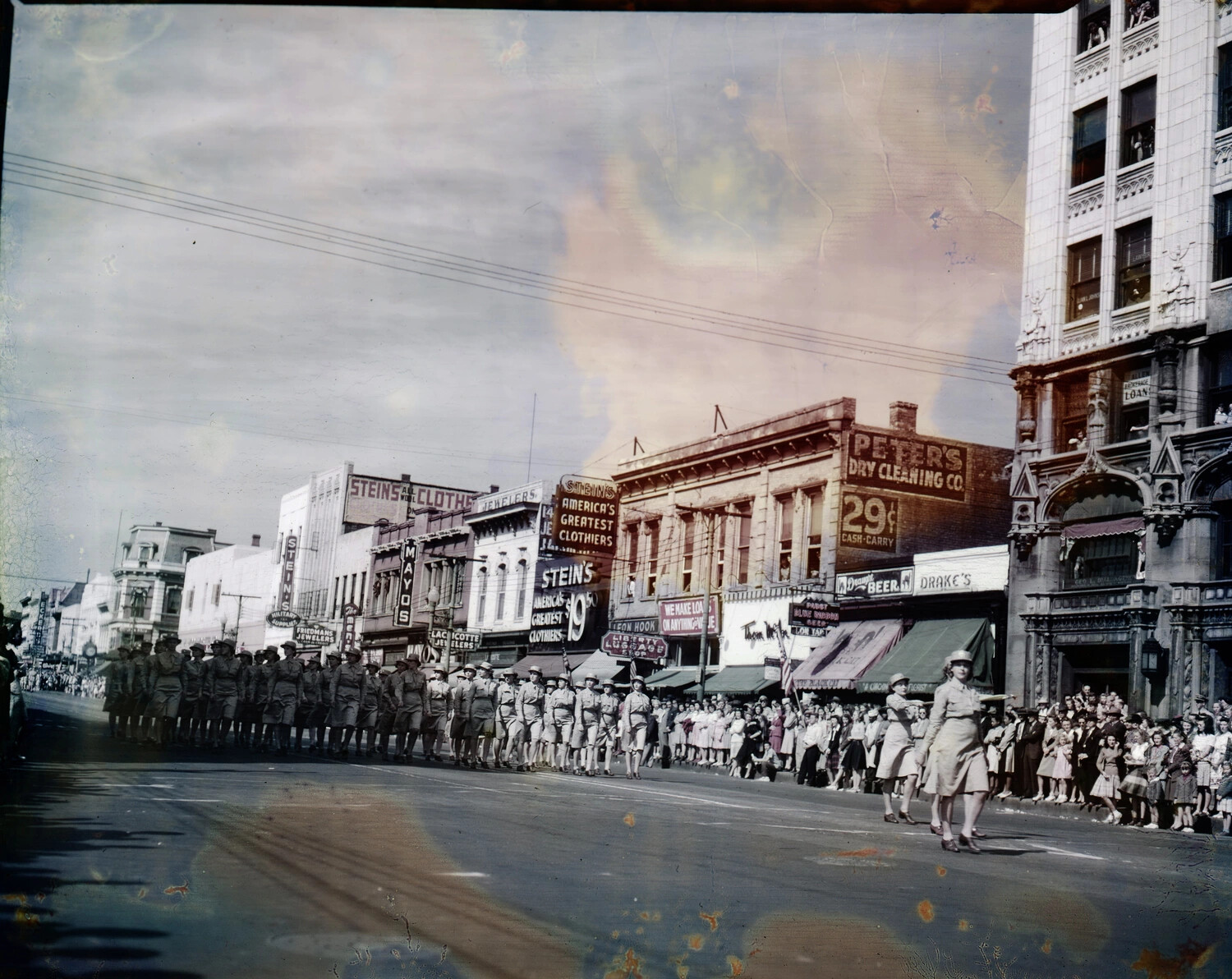 Damaged Negative: WWII-Era Military Parade on American Downtown Street