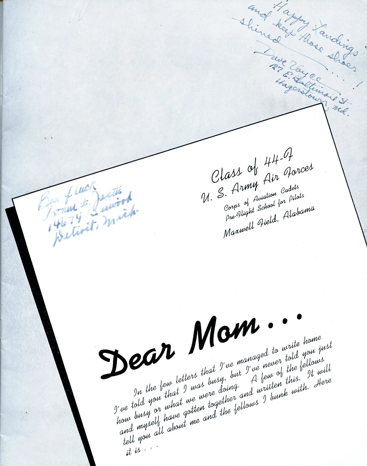 Pre-Flight School Yearbook Page, Class 44-G, Maxwell Field, Alabama, WWII