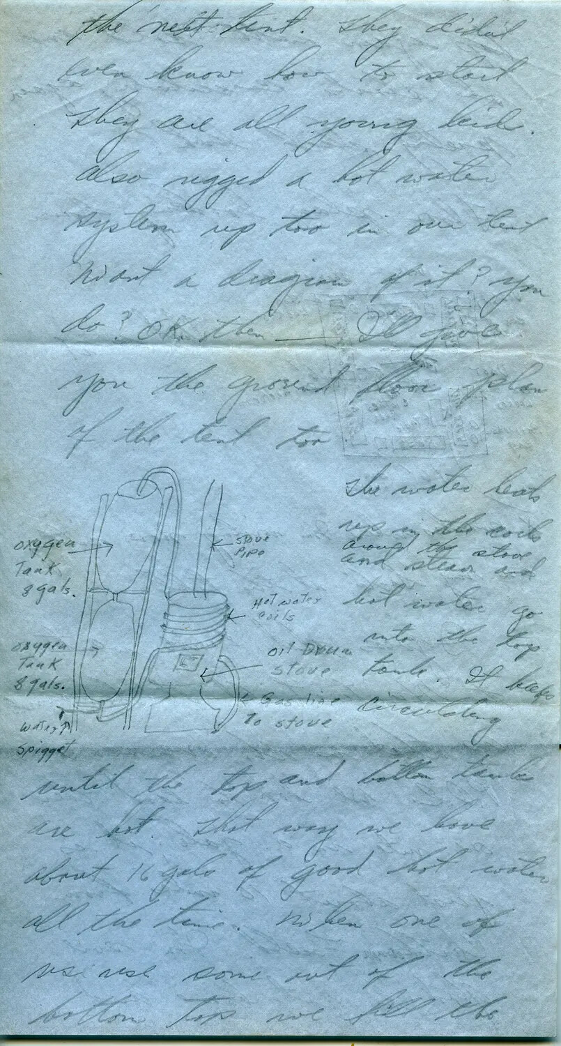 Handwritten WWII Letter with Diagram of an Improvised Tent Water-Heating System