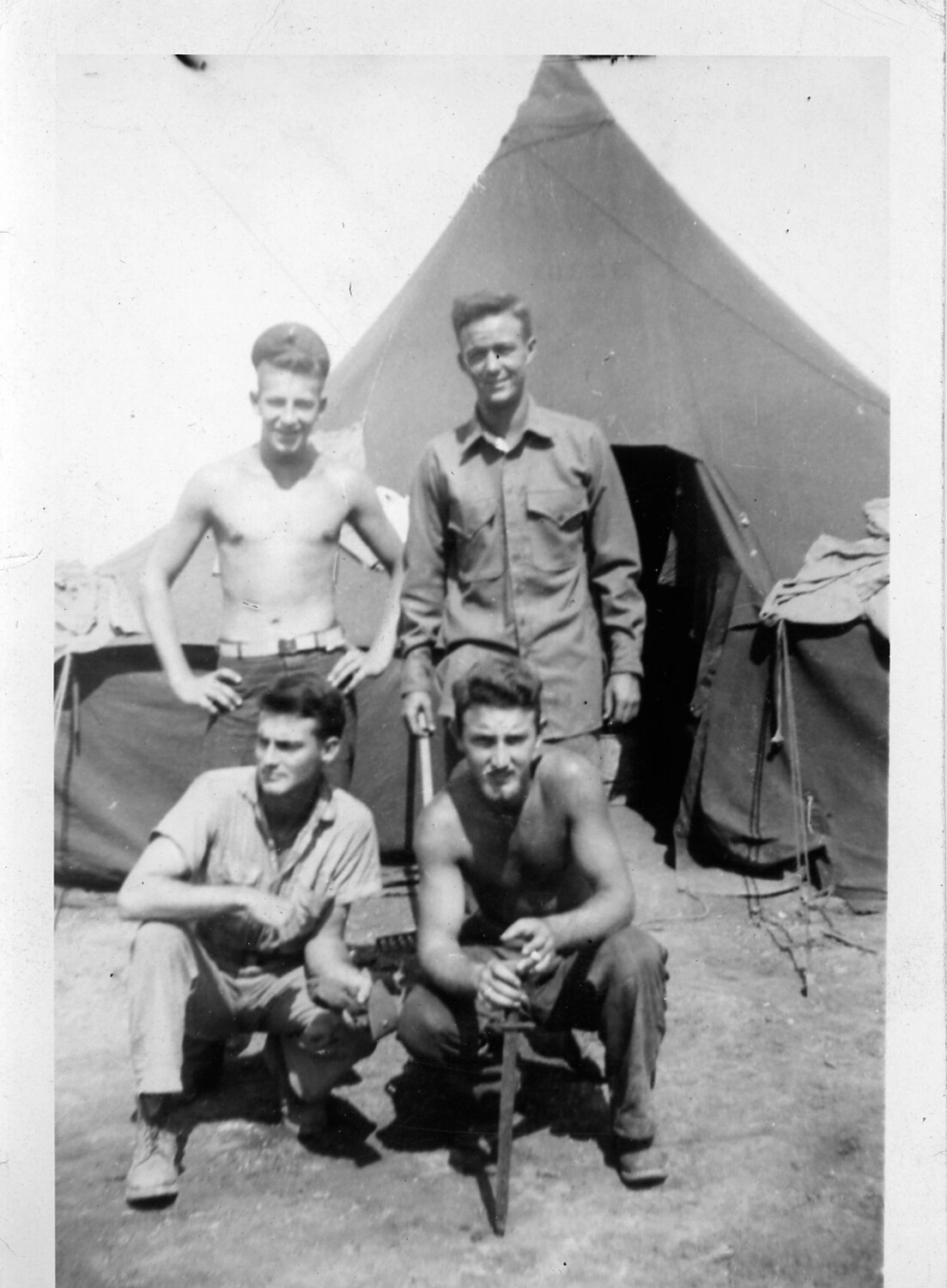 Four Servicemen at Squad Tent Encampment, WWII U.S. Army Air Forces Personnel