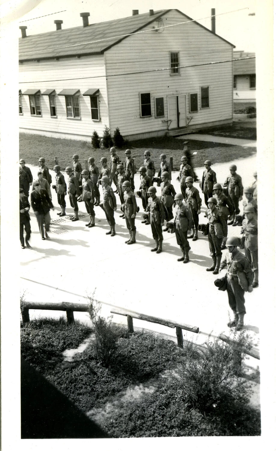 Formation of Servicemen Outside Barracks Building, WWII Training Cantonment