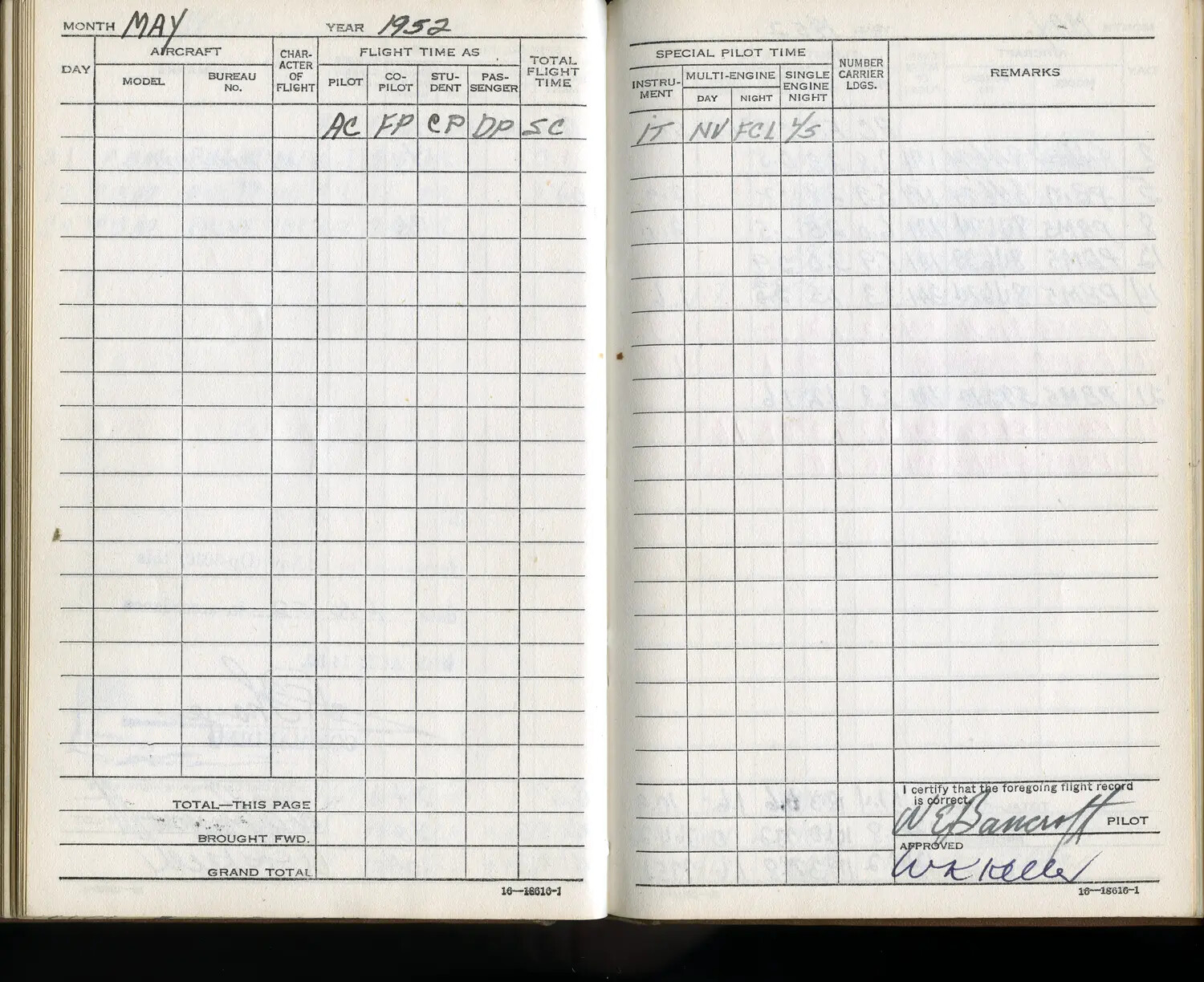 Pilot Flight Logbook Page, Lt. W. E. Bancroft, May 1952 (Korean War Era)