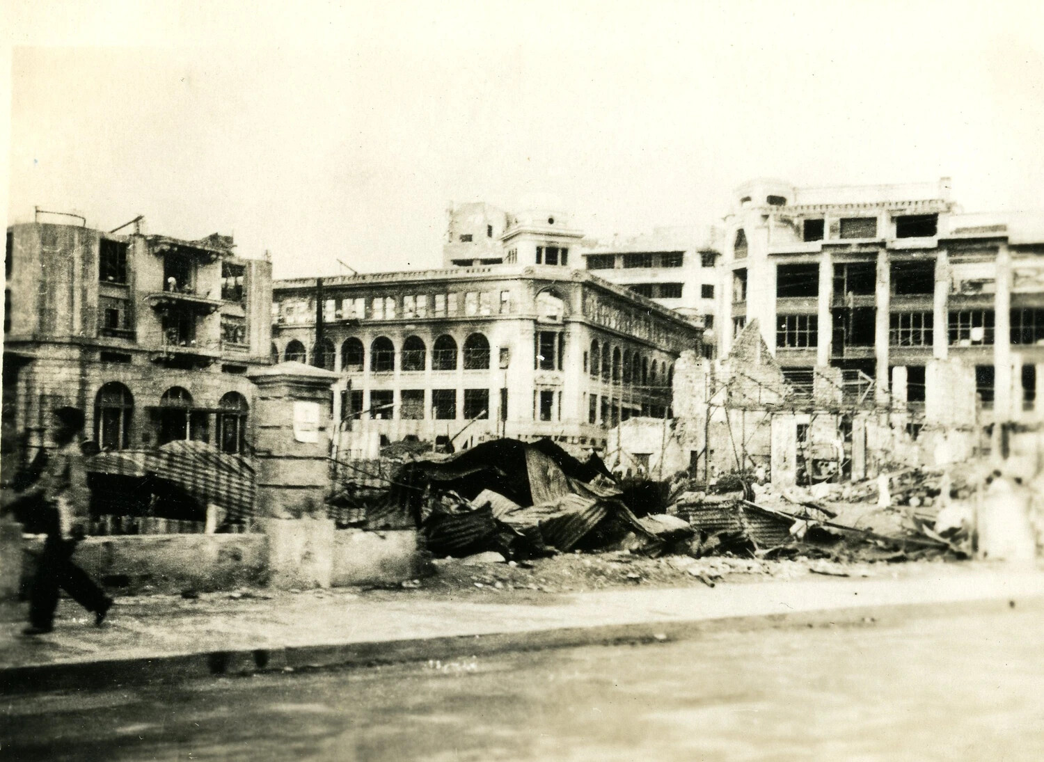 War-Damaged Urban Streetscape with Ruined Commercial Buildings, Pacific Theater, WWII