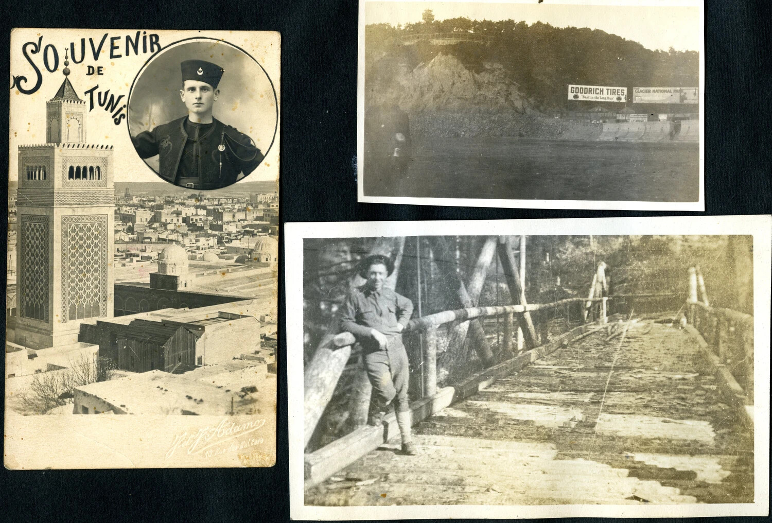 Scrapbook Page: 'Souvenir de Tunis' Postcard, Glacier National Park Roadside View, and Soldier on Plank Bridge