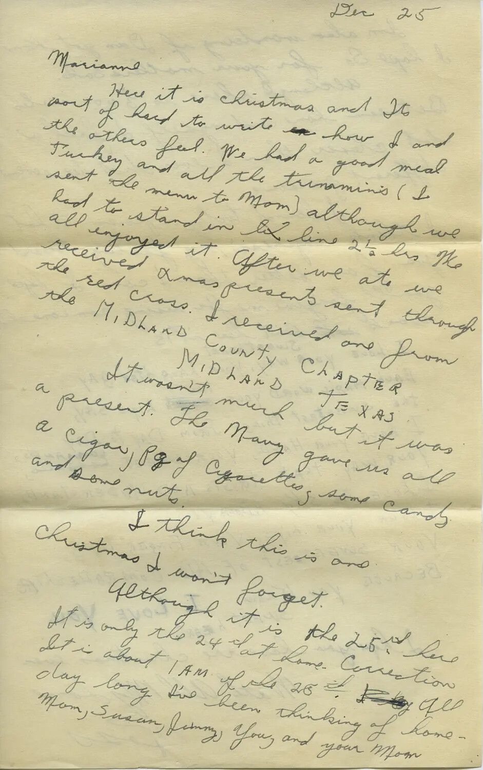 WWII Christmas Letter from Moon to Marianne, December 25