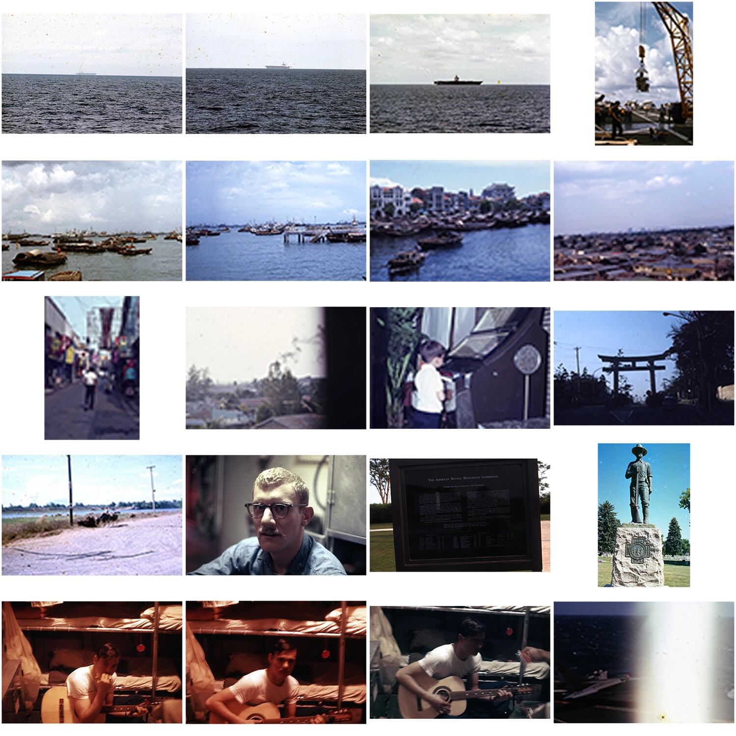 Contact Sheet: USS Ticonderoga Vietnam-Era Deployment Slides - Carrier at Sea, Asian Port Calls, Shipboard Life, and War Memorial