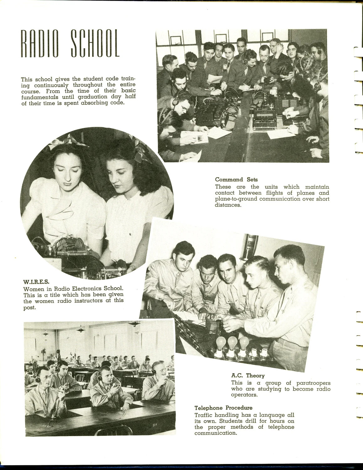 'Radio School' Composite Page — Command Sets, W.I.R.E.S. Instructors, A.C. Theory, and Telephone Procedure Training, Scott Field