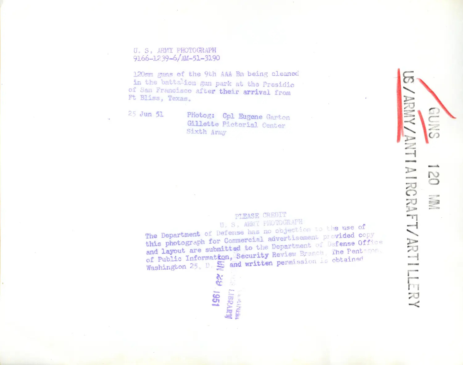 Verso/Official Caption Card for 9th AAA Battalion 120mm Gun Photograph, 25 June 1951
