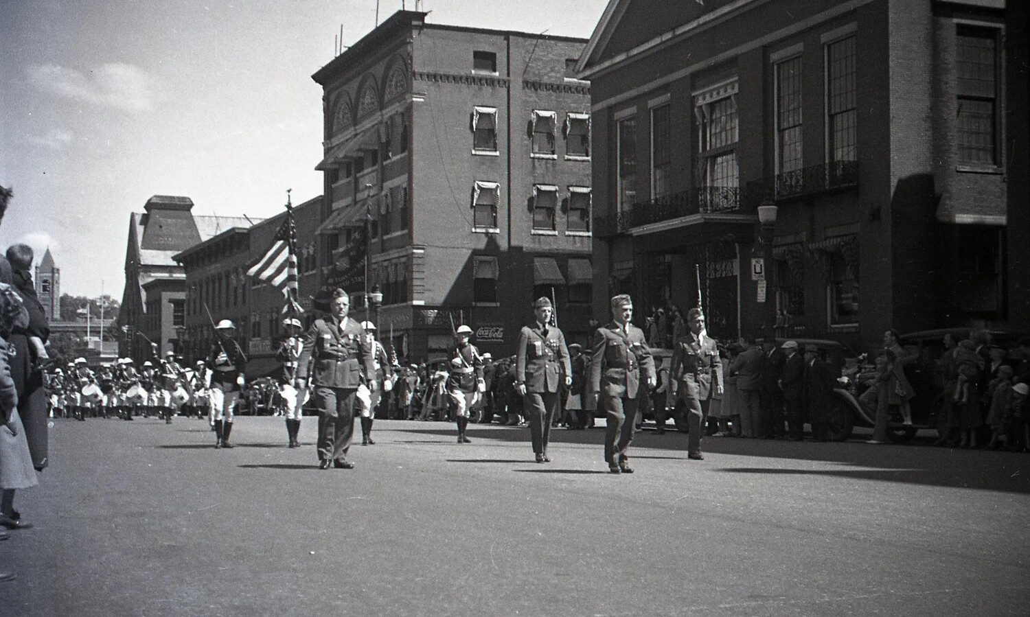 Marching Column with Rifle-Bearing Guard and American Flag, Boston Parade, c. 1940s