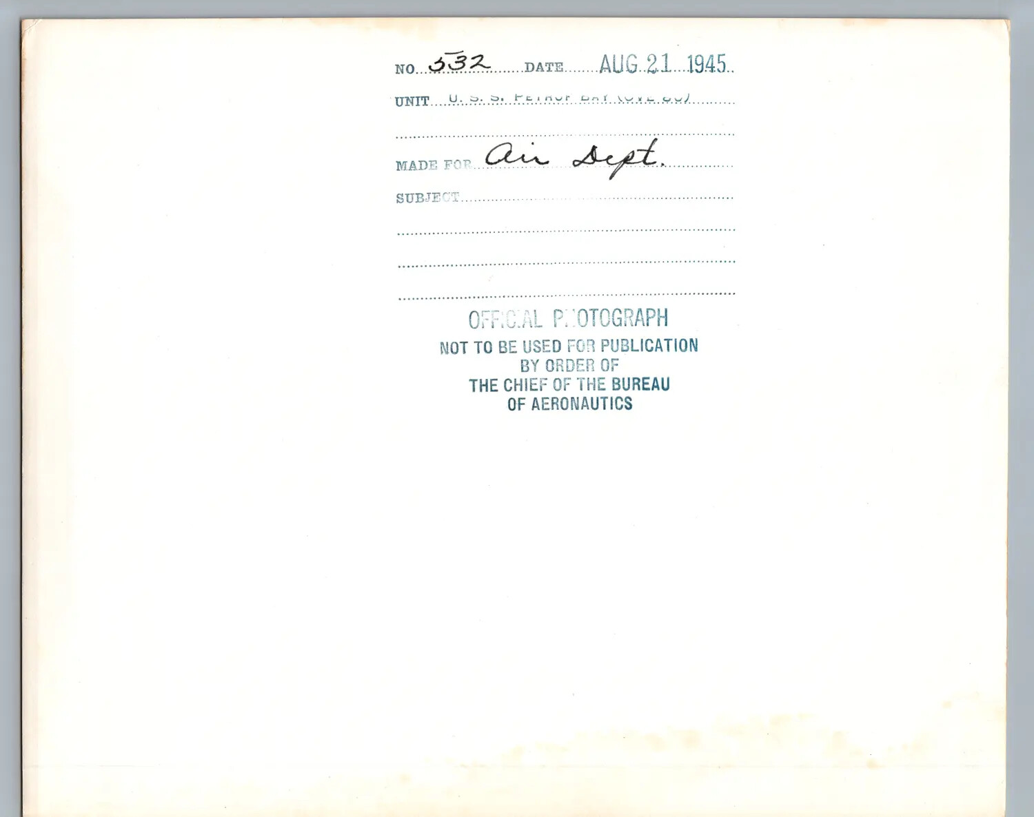 Verso Caption Card, USS Petrof Bay (CVE-80) Official Photograph No. 532, 21 August 1945