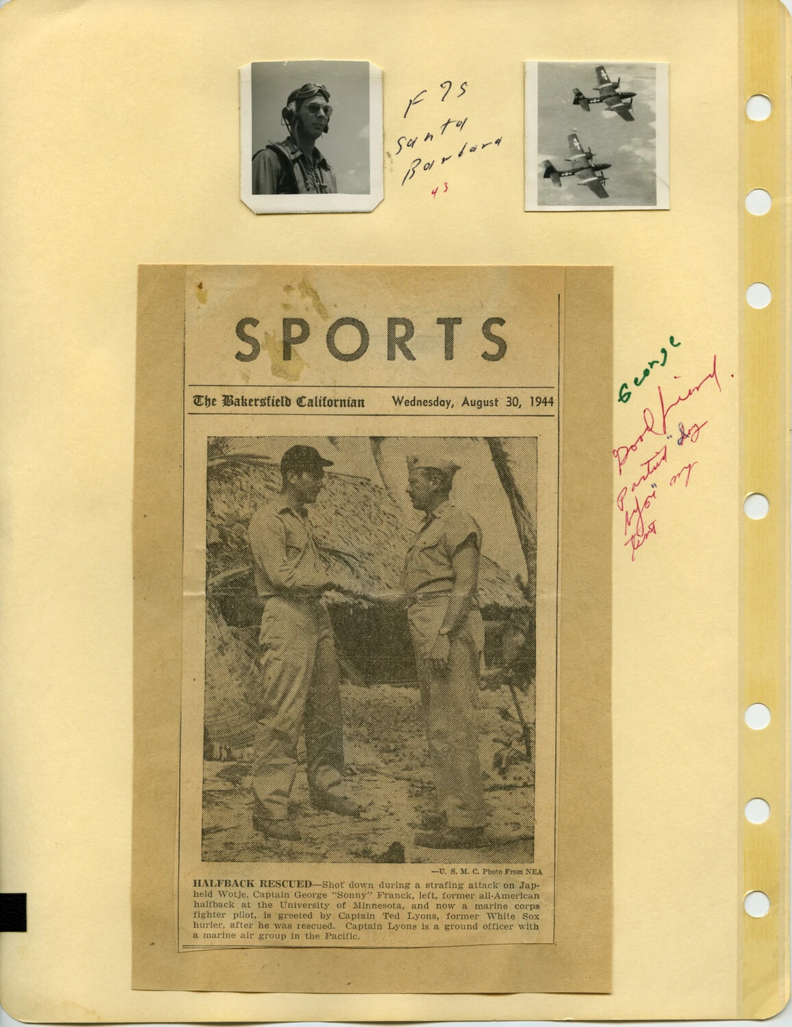 Marine Corps Aviator Scrapbook Page: Flight Portrait, Formation Photo, and 1944 Newspaper Clipping on the Rescue of Capt. George 'Sonny' Franck