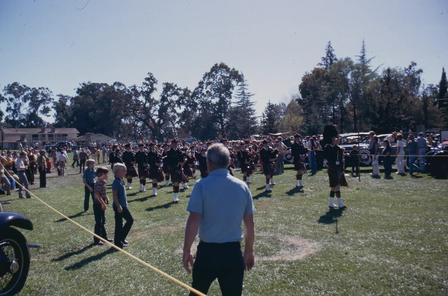 Scottish Pipe Band Performing at Outdoor Community Event, Color Slide, c. 1970s