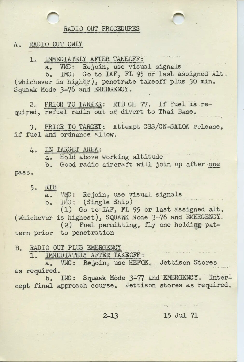 USAF Radio Out Procedures Reference Page (Combat Mission Lost-Comm Contingencies), dated 15 Jul 71