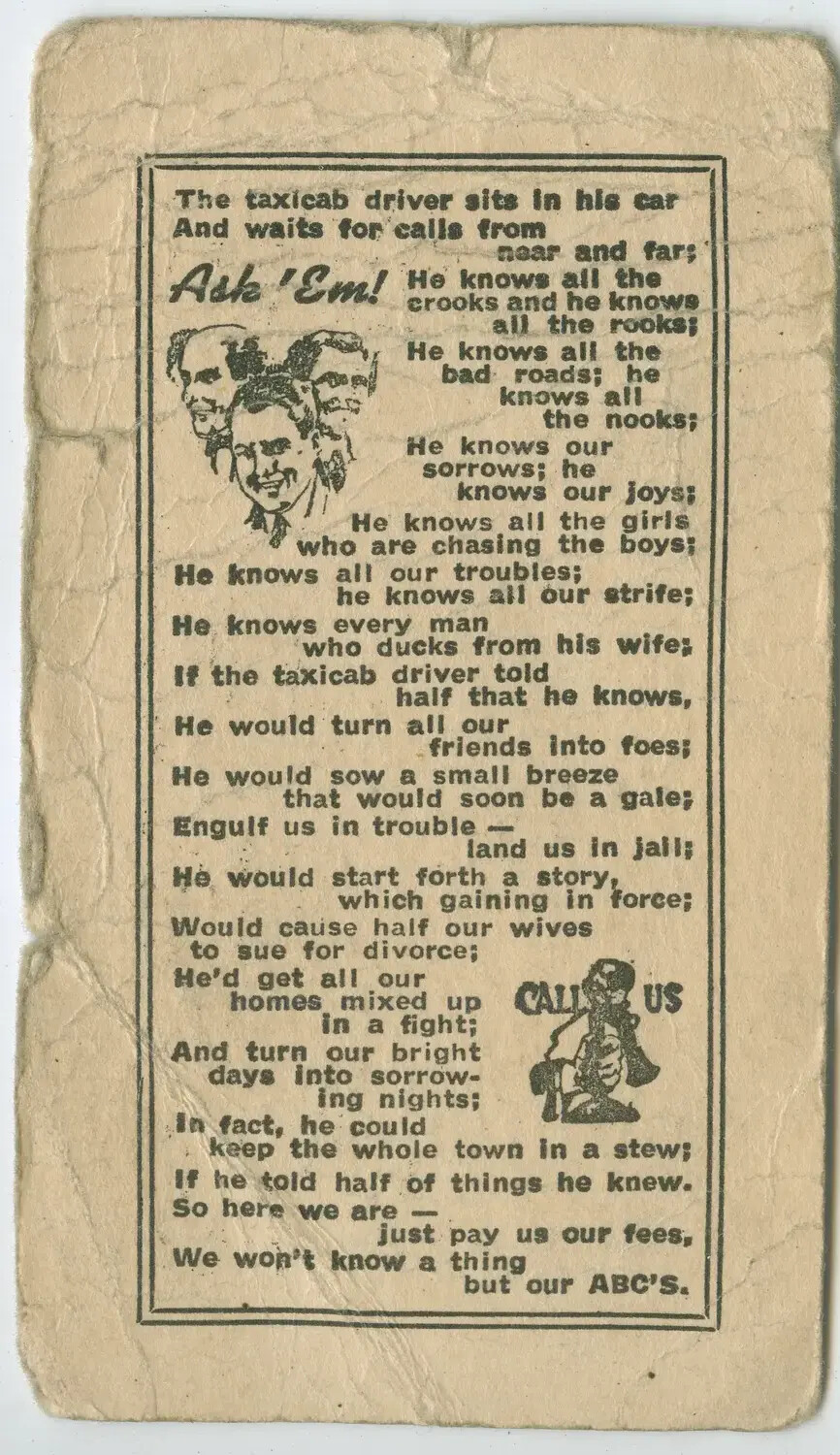 Vintage 'Ask 'Em!' Taxicab Driver Novelty Poem Card, WWII-Era Personal Ephemera