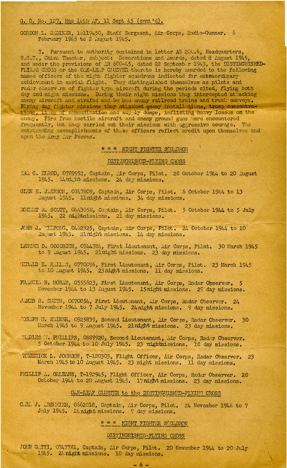 General Order No. 127, Headquarters 14th Air Force, 11 September 1945 (Page 6) — Distinguished Flying Cross Citations, Night Fighter Squadrons, China Theater