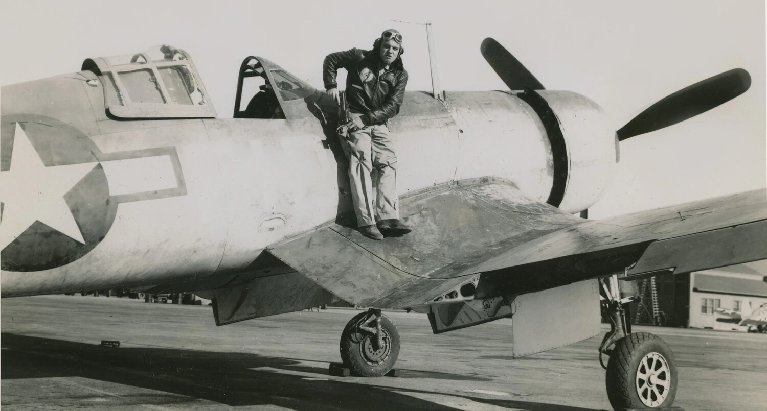 USAAF Fighter Pilot Posed on Wing of P-47 Thunderbolt Fighter Aircraft