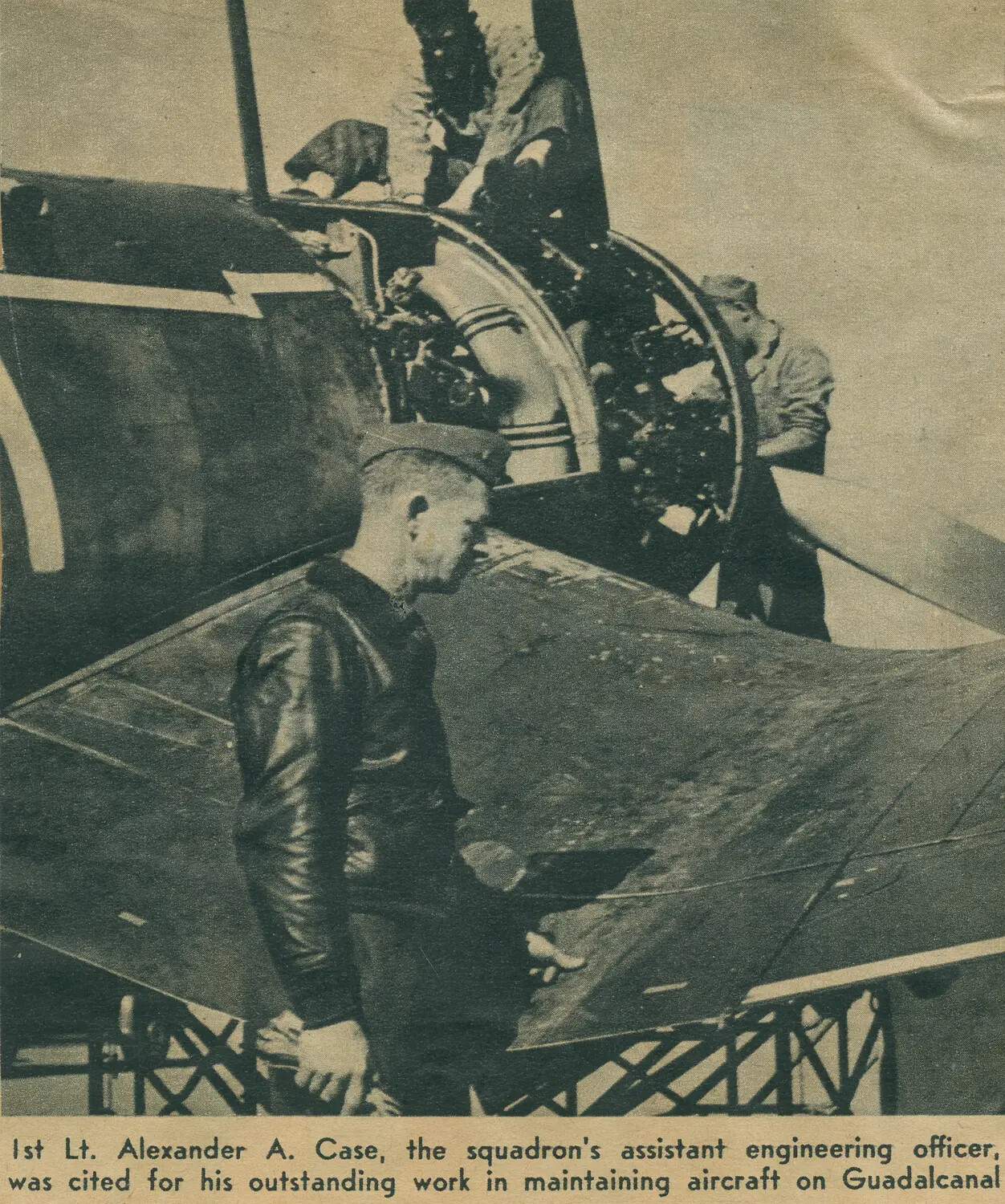 Newspaper Clipping: 1st Lt. Alexander A. Case, Assistant Engineering Officer, Cited for Aircraft Maintenance Work on Guadalcanal, WWII