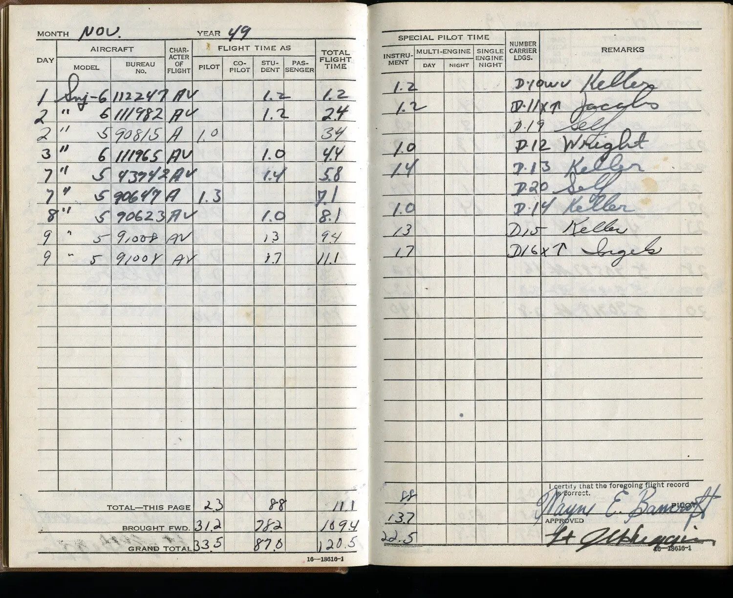 U.S. Navy Aviator Flight Logbook Page, Wayne E. Bancroft, November 1949 - Carrier Qualification Flights in SNJ Trainer Aircraft
