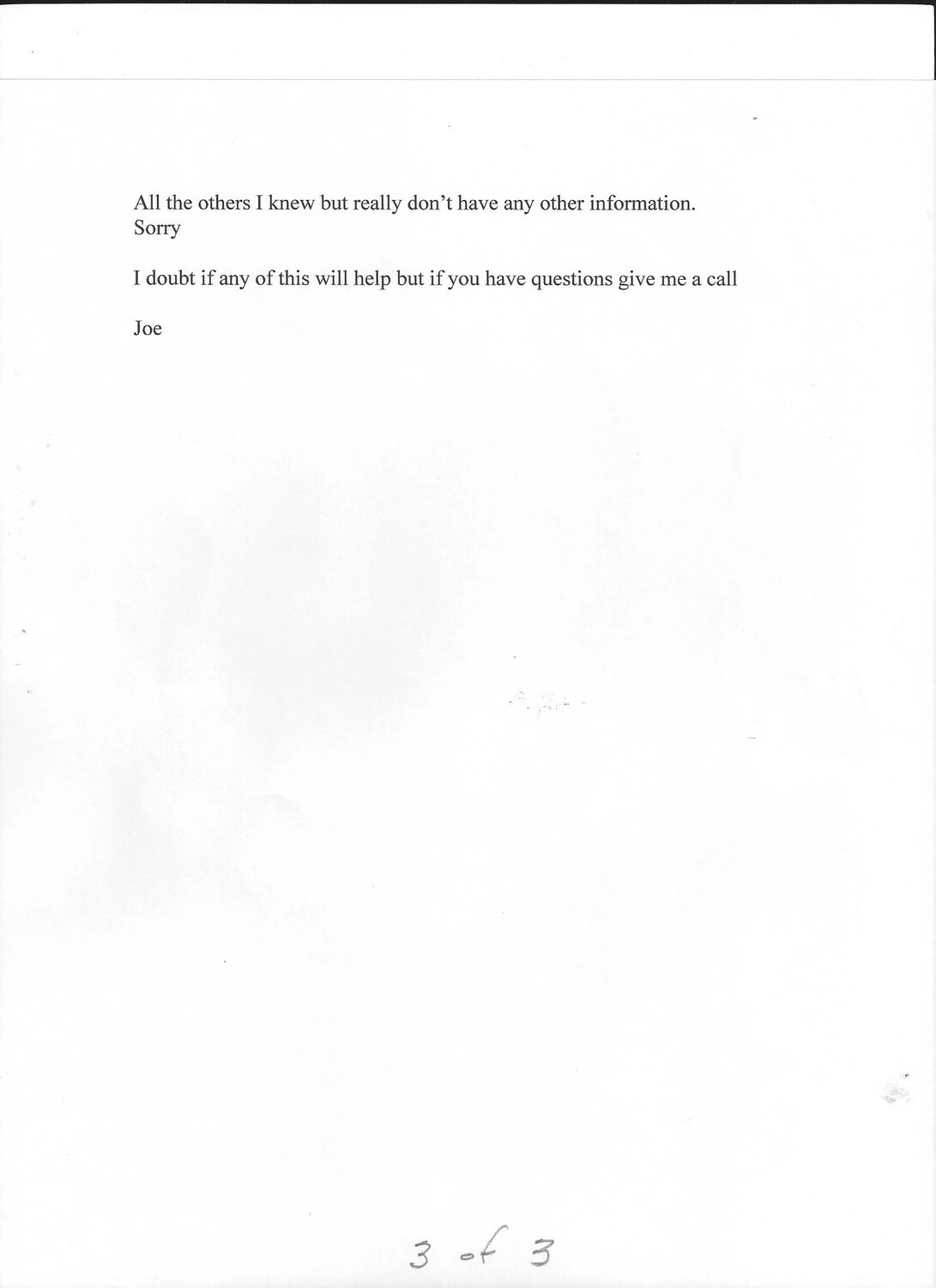 Final Page of a Typed Personal Letter Signed "Joe" (Page 3 of 3)