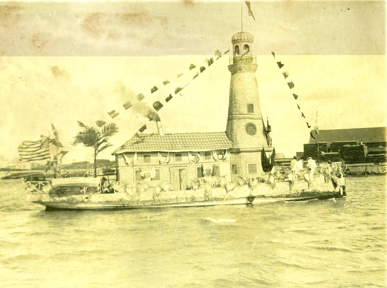 Decorated Parade Float Barge with Mock Lighthouse and American Flag, Philippines, Early 1900s
