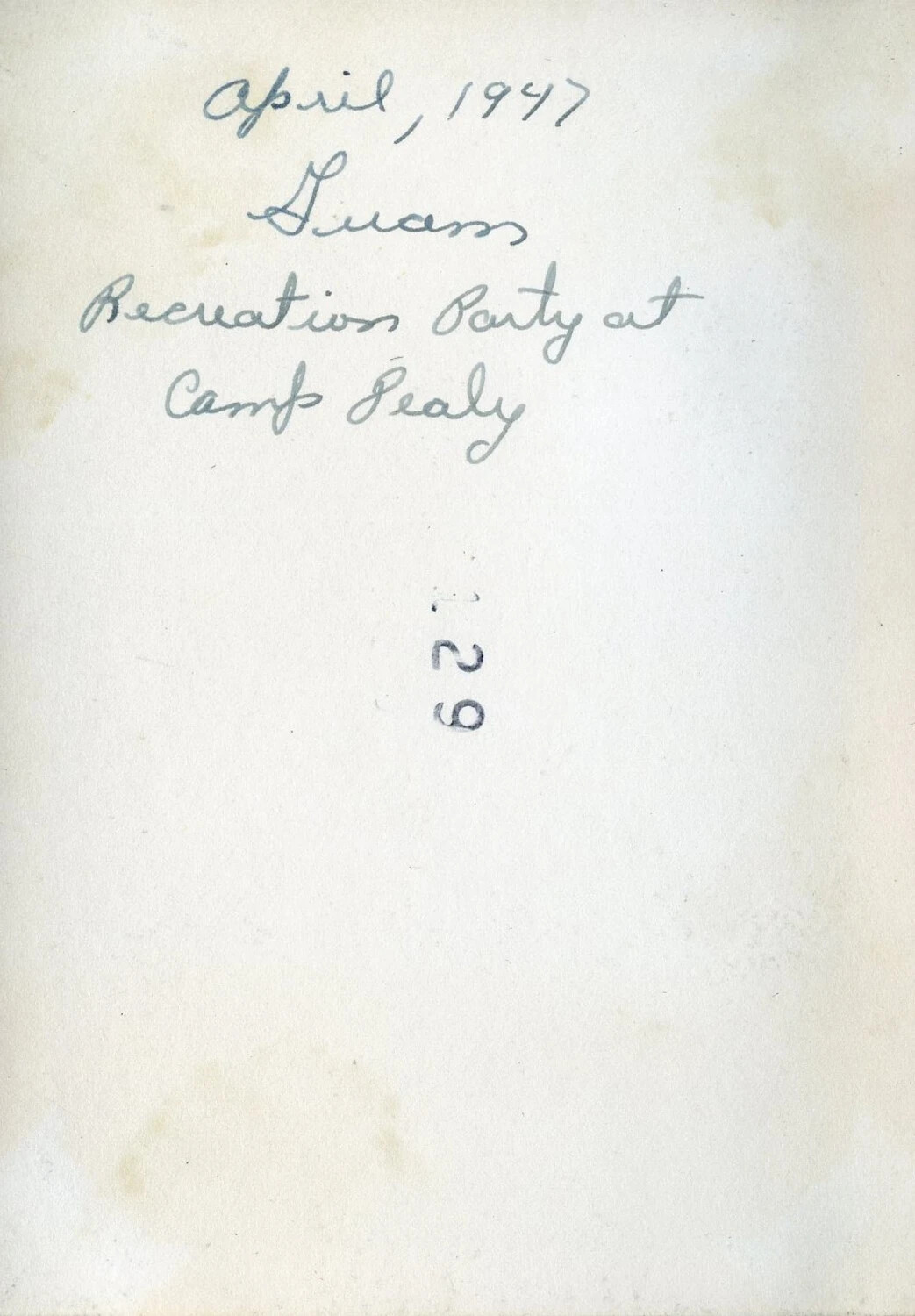 Handwritten Album Caption Page: 'Recreation Party at Camp Sealy,' Guam, April 1947 (VR-6 Squadron Album)