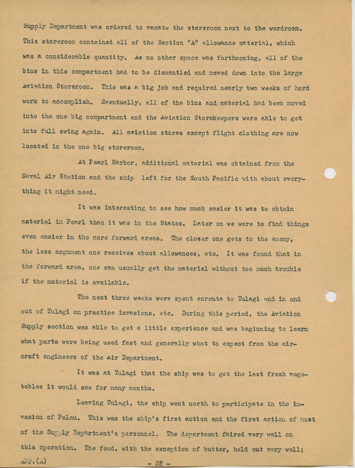 USS Petrof Bay (CVE-80) War History Narrative, Appendix A, Page 28 - Storeroom Reorganization and the Palau Invasion