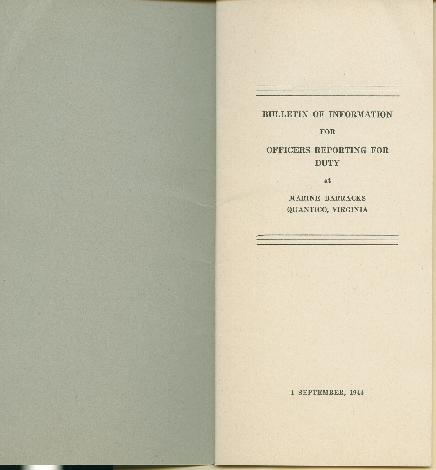 Title Page: 'Bulletin of Information for Officers Reporting for Duty at Marine Barracks, Quantico, Virginia,' 1 September 1944