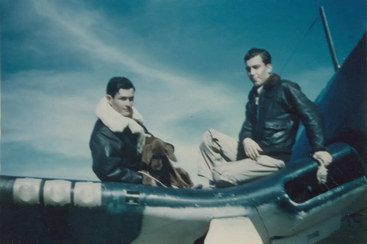 Two Naval Aviators on Fighter Aircraft Cowling, Edward P. McAleer Collection, WWII