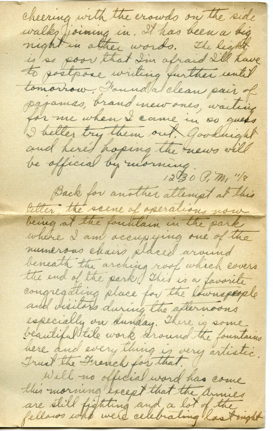 WWI Letter, Pvt. Willis W. Wagener — Page Describing the False Armistice, November 8, 1918